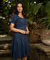 Blue Square Neck Front Button Linen Dress